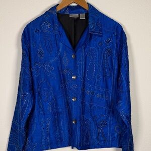 Chico's Cobalt Blue Embroidered Beaded Silk size 2 Large Jacket